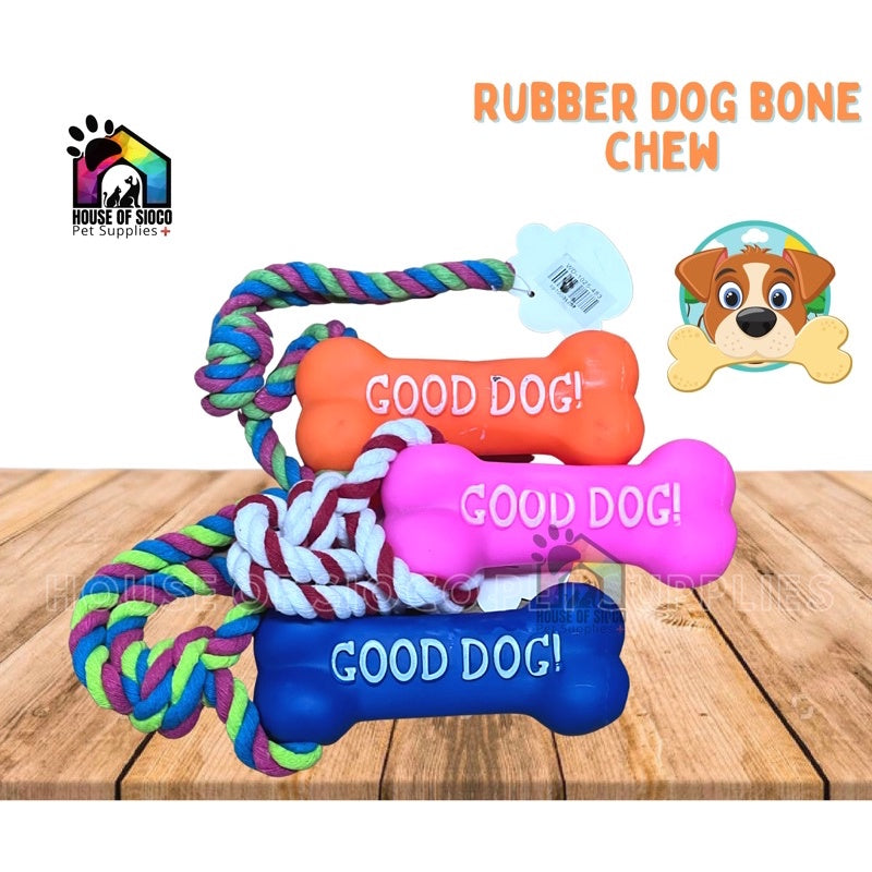 Squeaky Rubber Bone Dog Toy w/ Rope
